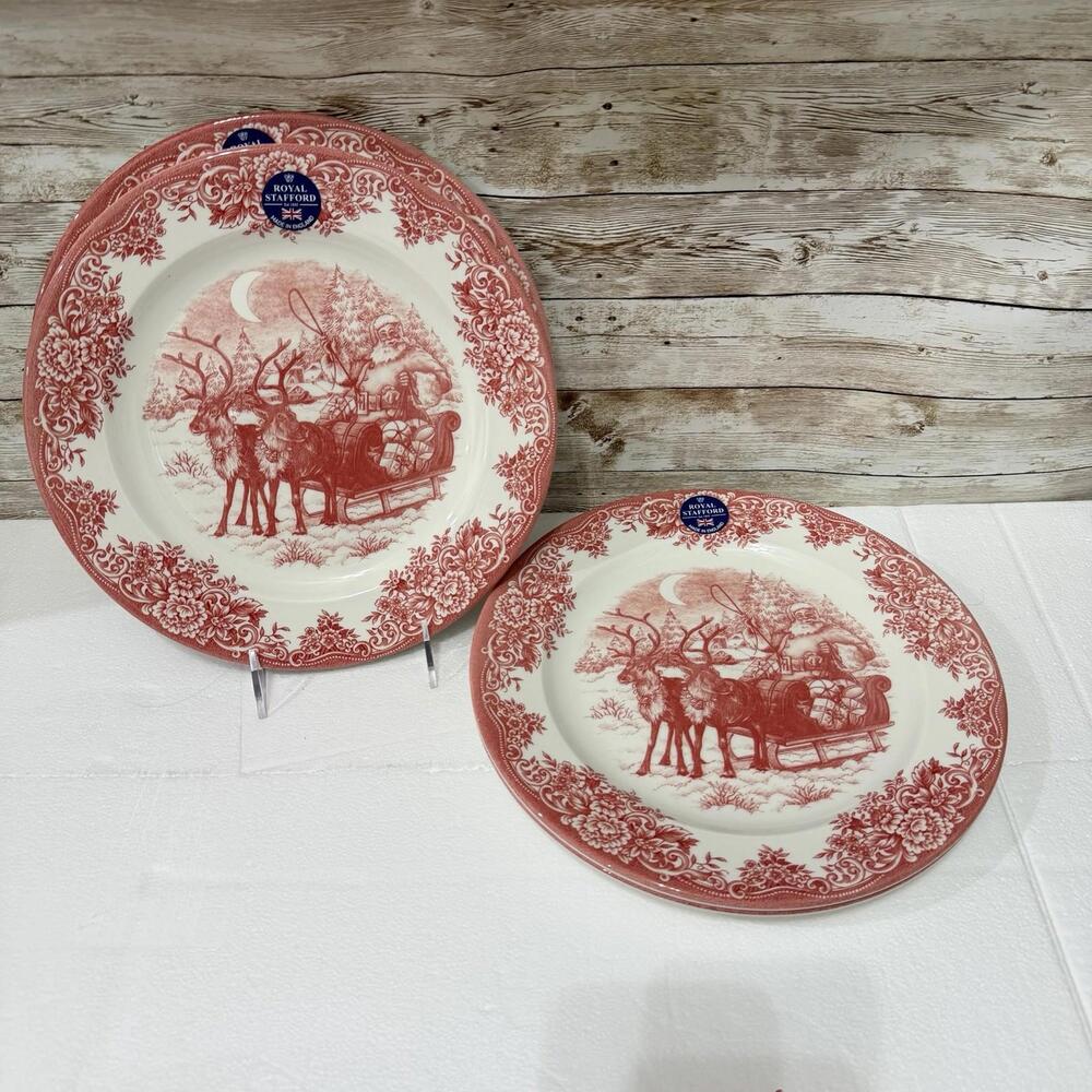 Royal Stafford Santa’s Sleigh Red Christmas Salad Plates 8” Set of 4